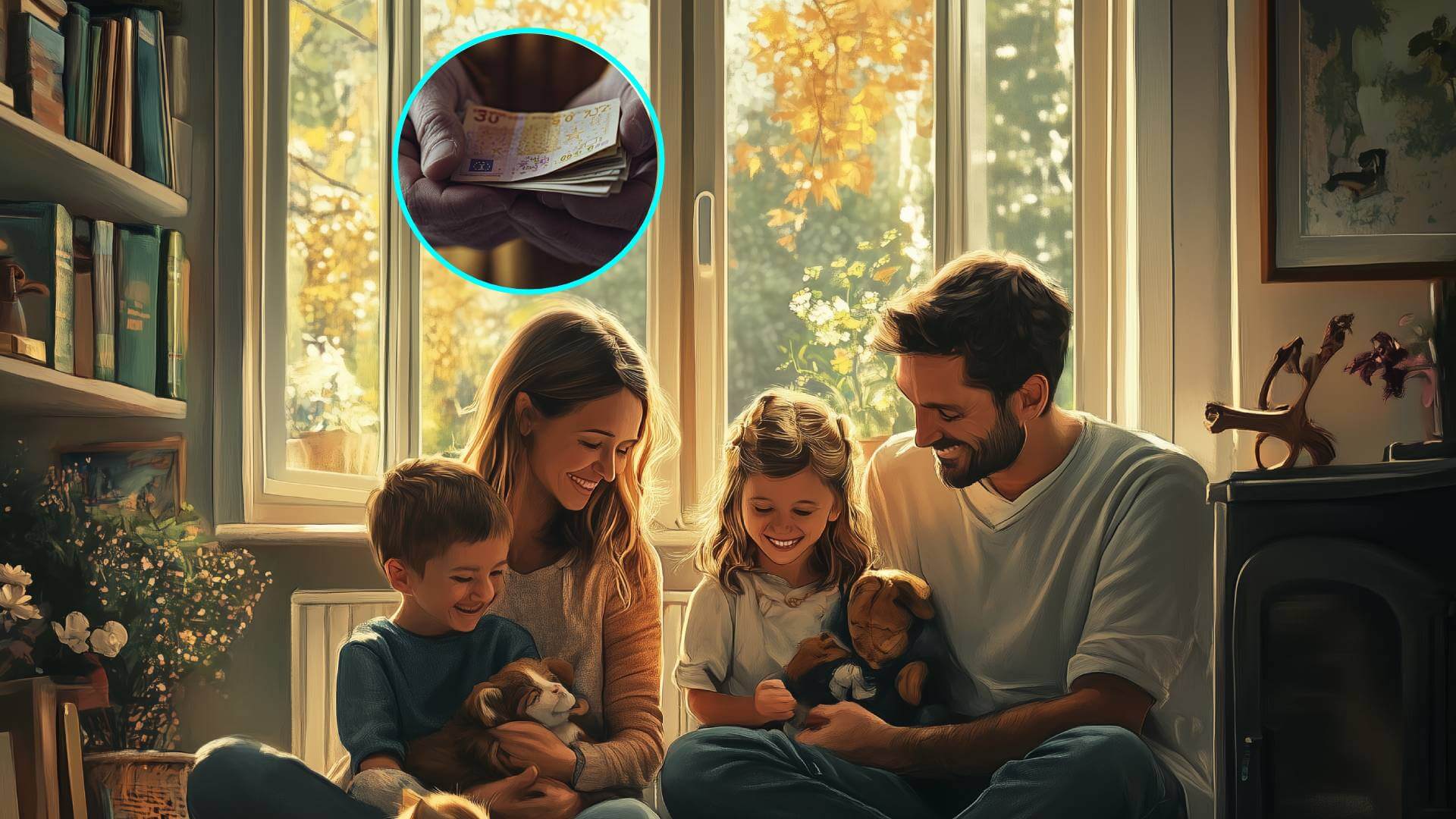 Una familia con hijos pequeños y mascotas, en casa