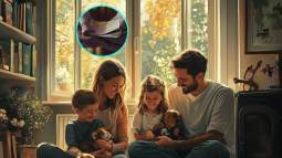 Una familia con hijos pequeños y mascotas, en casa