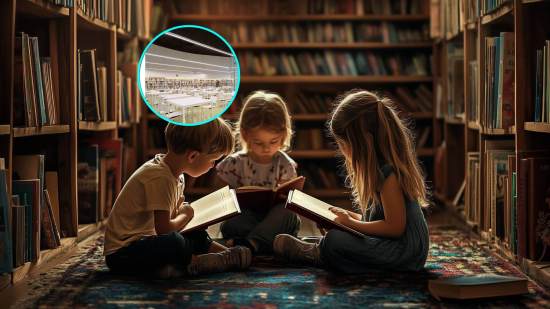 Niños y niñas leyendo en una biblioteca (RG)