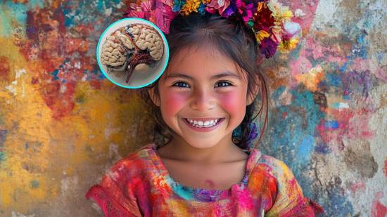 Una niña sonriente. En tamaño reducido, simulación de un cerebro para su estudio