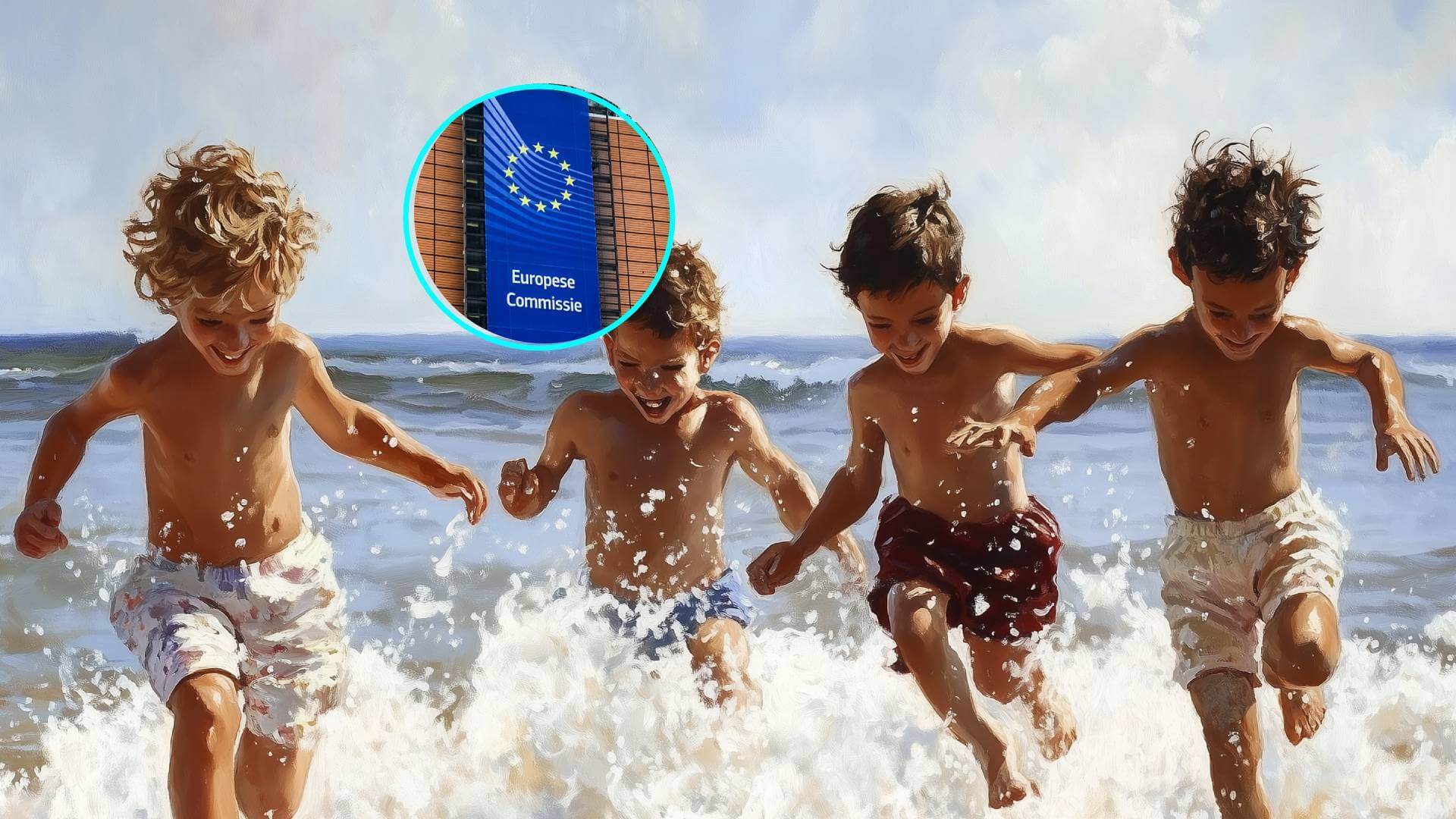 Niños jugando en la playa. En pequeño, la sede de la Comisión Europea
