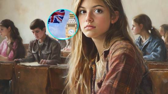 Una adolescente, en clase. En pequeño, Londres