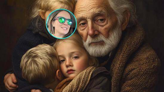 Un abuelo, serio, con sus nietos. En detalle, la terapeuta Allie McQuaid, que difundió el concepto de 'gramnesia'