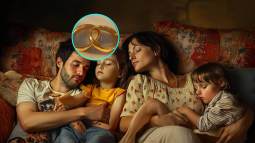 Una pareja con hijos. En detalle, un par de alianzas de oro
