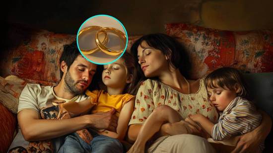 Una pareja con hijos. En detalle, un par de alianzas de oro