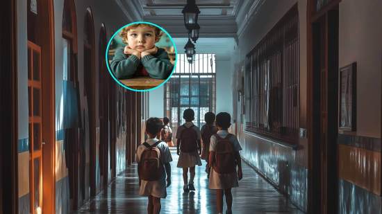Pasillos de un colegio entre clases. En pequeño, un niño, en su pupitre