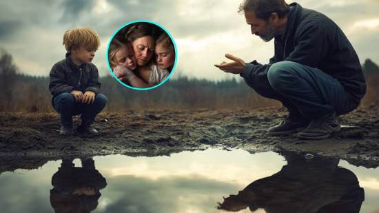 Un padre habla con su hijo, que está cabizbajo. En detalle, una madre consuela a sus hijas