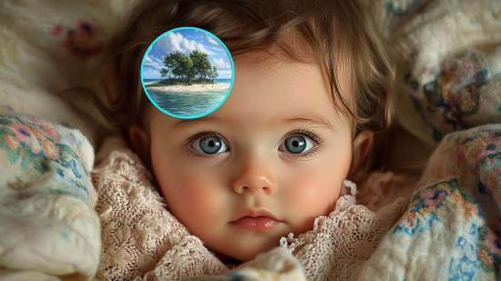 Una niña pequeña con ojos claros. En detalle, una isla paradisiaca