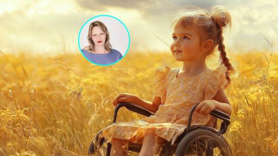 Una niña en silla de ruedas. En detalle, la escritora Asha Doré
