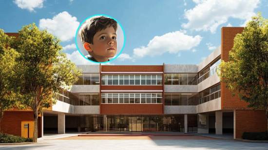 Un colegio nuevo. En detalle, un niño en clase.