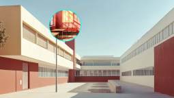 Exterior de un colegio vacío. En detalle, una clase sin actividad