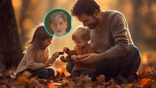 Dos niños exploran con su padre. En detalle, Carlos González, pediatra.