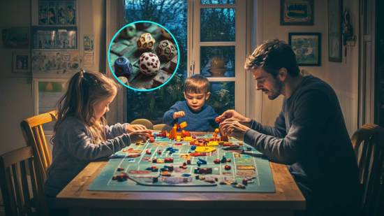 Un padre juega con sus hijos a un juego de mesa
