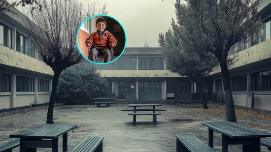 Patio de un colegio. En detalle, un niño con necesidades motóricas