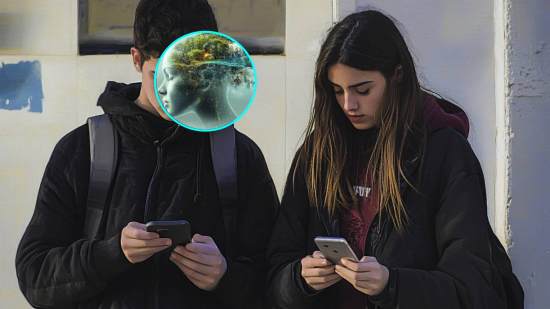 Dos adolescentes con su teléfono móvil. En detalle, una imagen creada por inteligencia artificial
