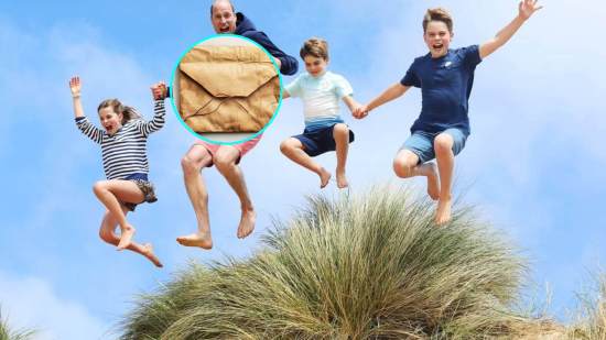 El príncipe Guillermo, con sus hijos. En la imagen de detalle, un sobre como los del reto 'El desafío de la sonrisa'