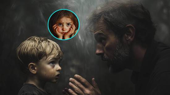 Un niño llora mientras su padre le habla. En la imagen de detalle, una niña, triste