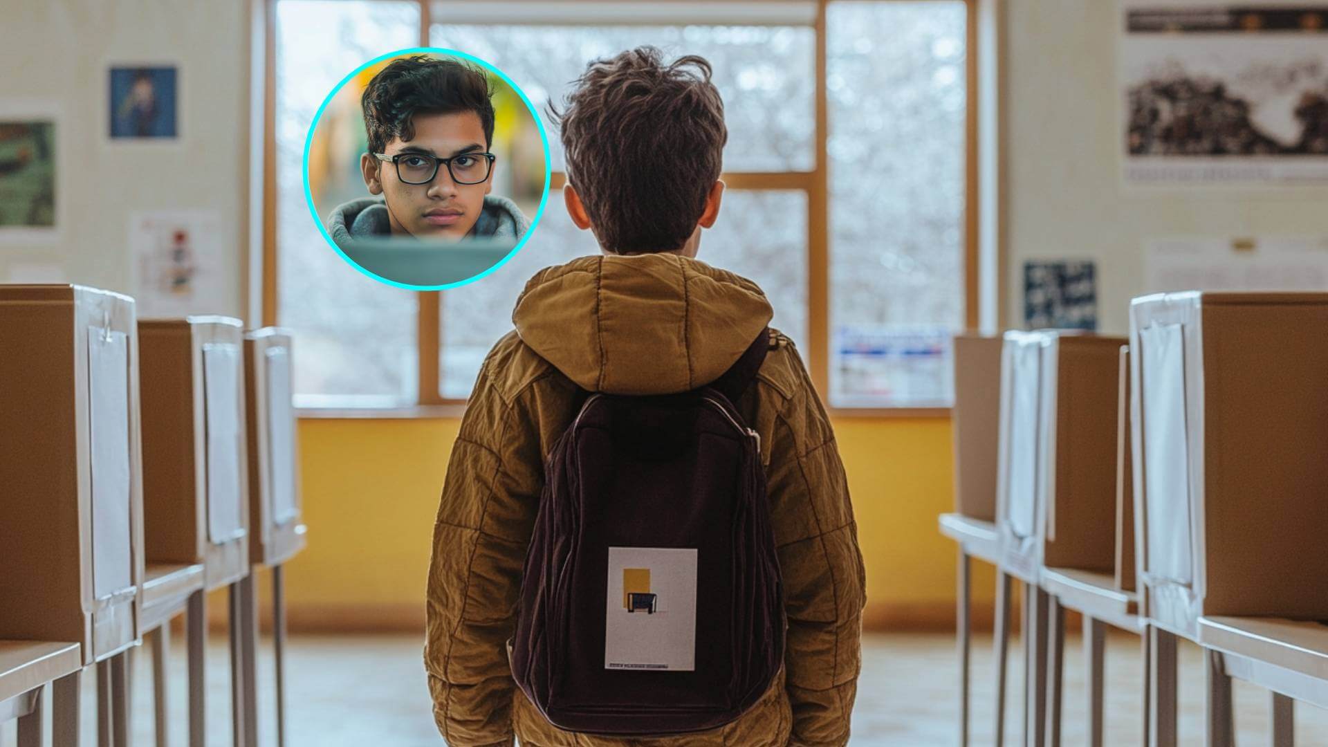 Un adolescente en un colegio electoral. En la imagen de detalle, un joven con menos de 18 años