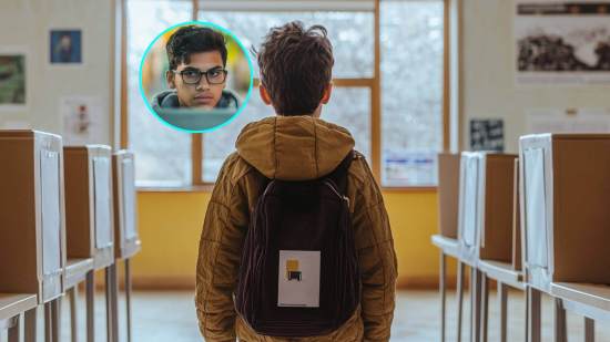 Un adolescente en un colegio electoral. En la imagen de detalle, un joven con menos de 18 años