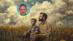Padre e hijo meditan en el campo. n la imagen de detalle, Álvaro Bilbao.