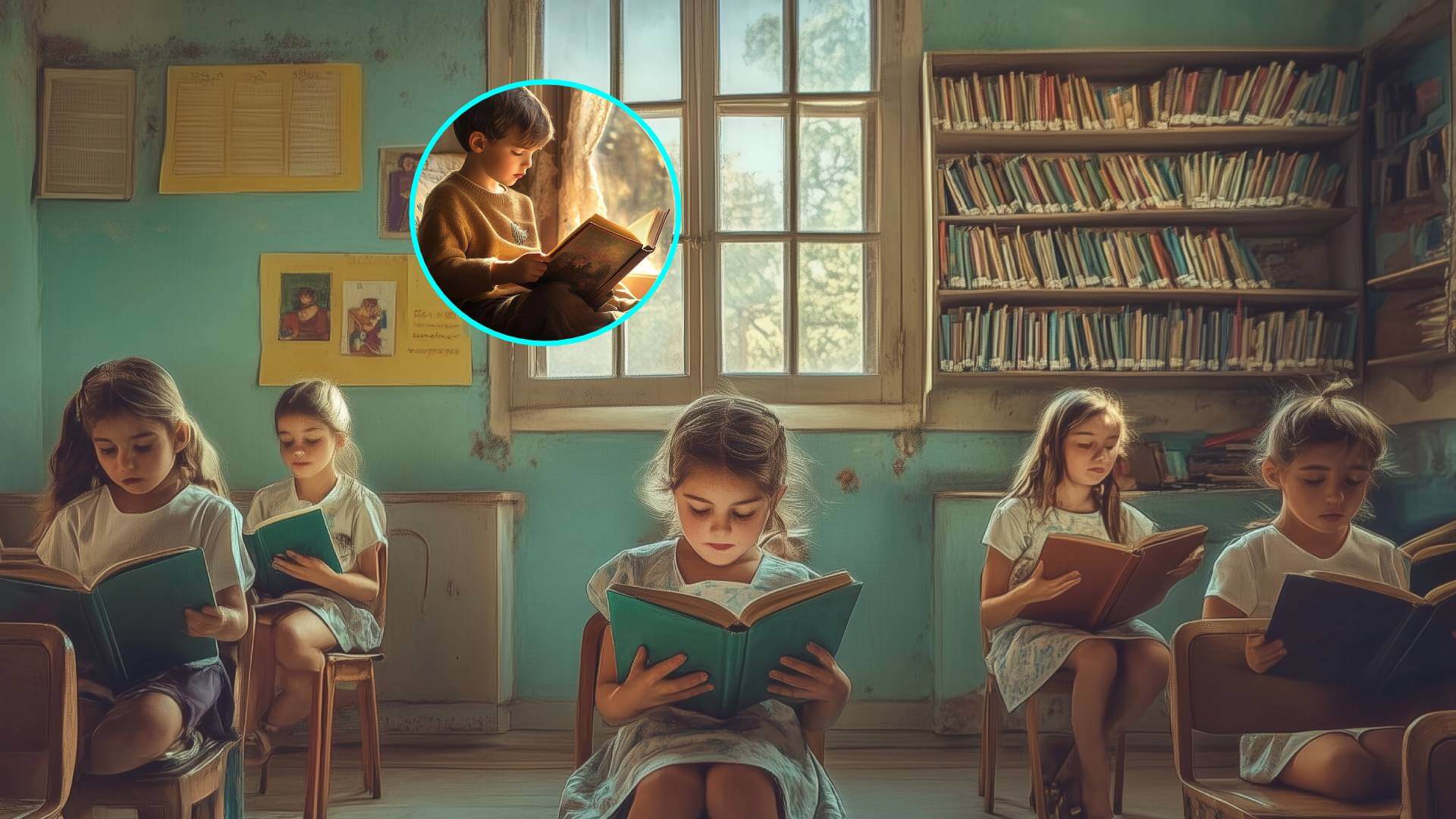 Tiempo de lectura en clase. En detalle, un niño lee en su habitación