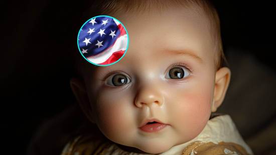 Un niño con unos meses de vida. En detalle, la bandera estadounidense.