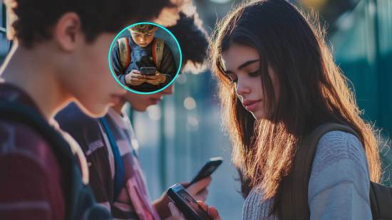 adolescentes con el móvil en el recreo. En pequeño, un niño con el teléfono en clase