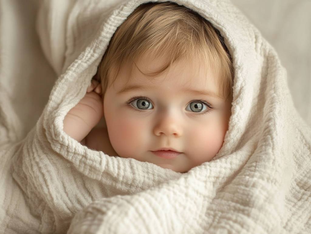 Un niño pequeño envuelto en una toalla