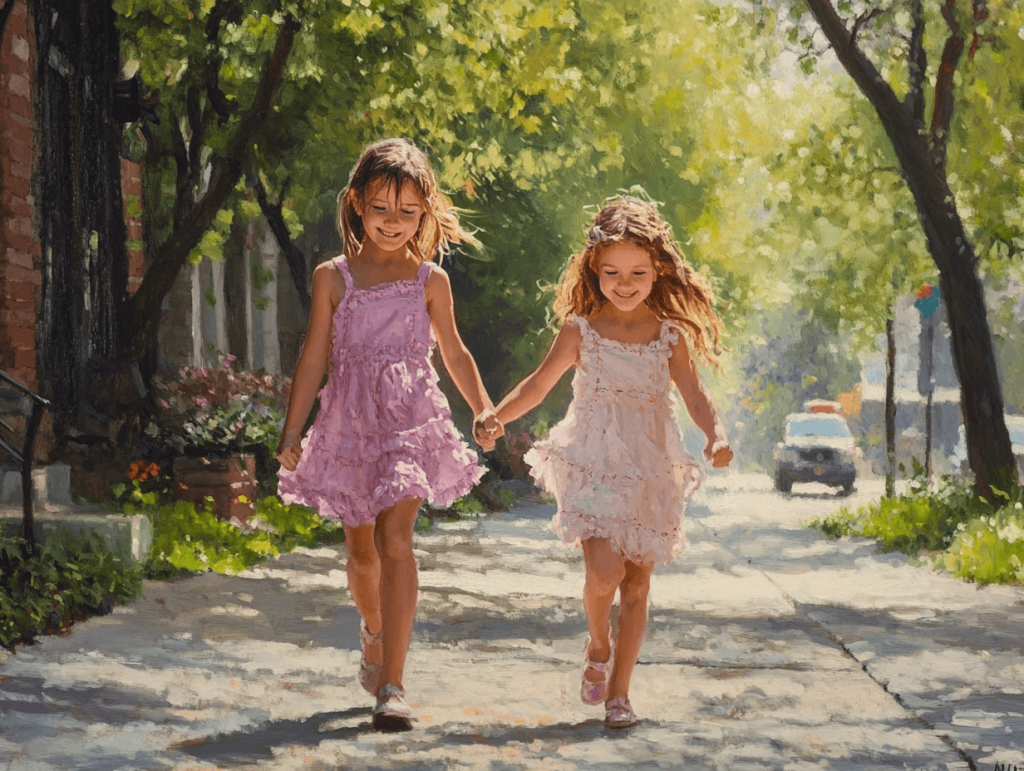 Dos niñas, amigas de la misma edad, de la mano por la calle
