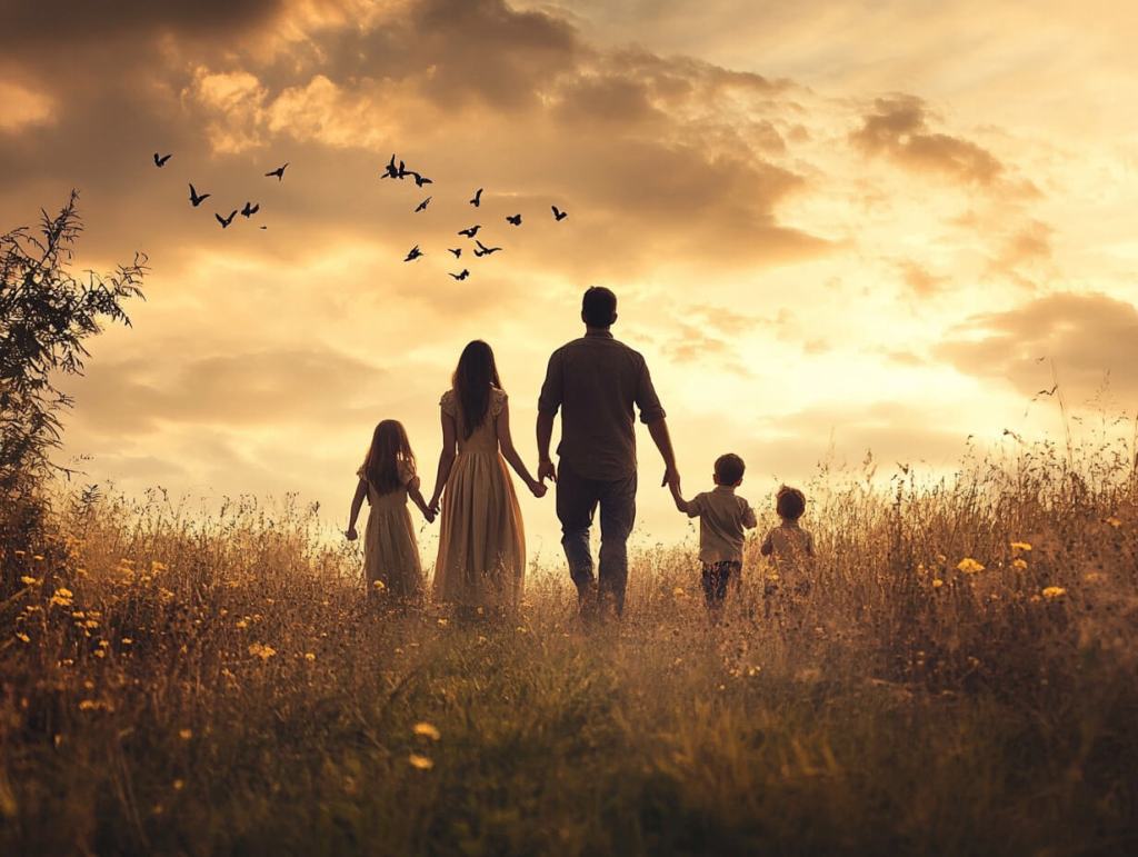 Una familia con hijos paseando por el campo