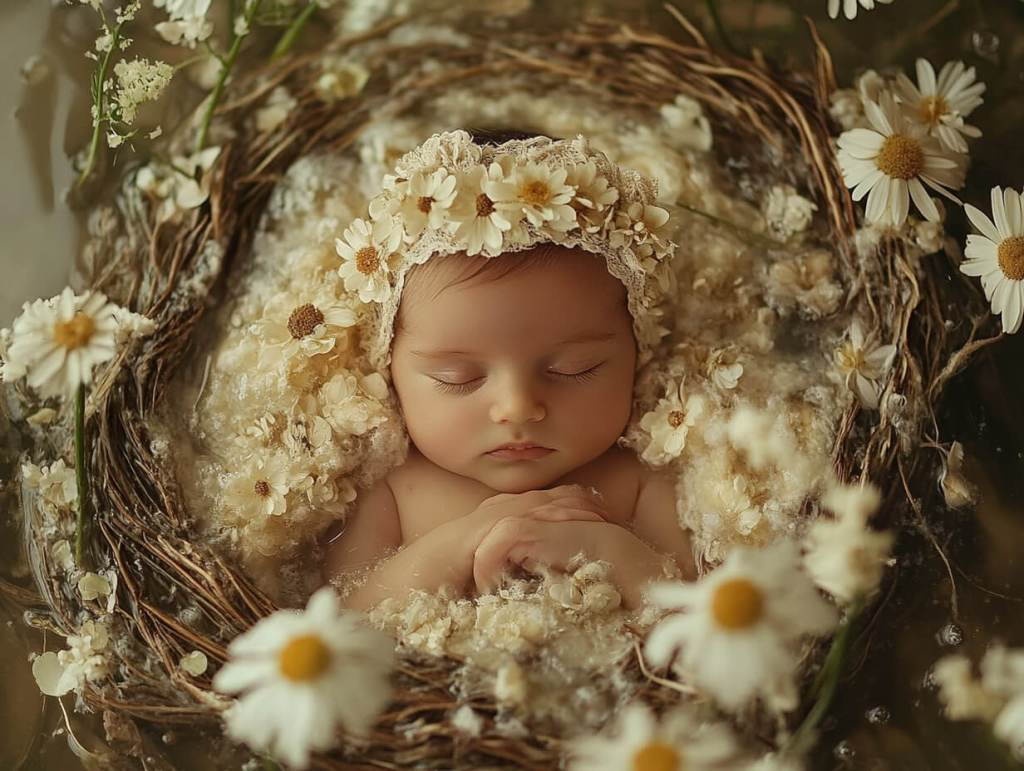 Retrato de un bebé rodeado de flores