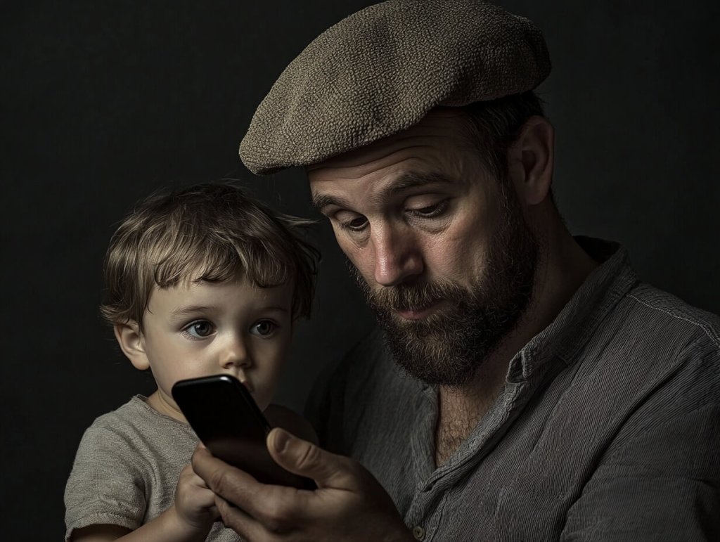 Un padre mirando el móvil con su hijo al lado
