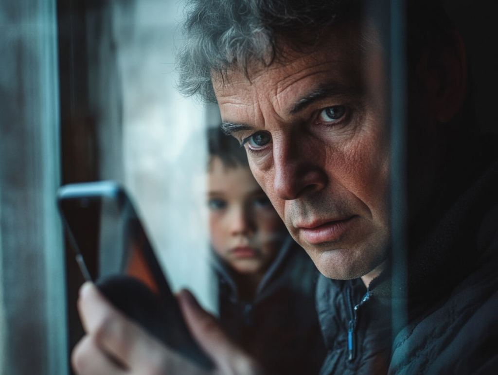 Un padre mirando las redes sociales en presencia de su hijo