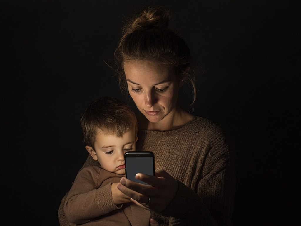 Una madre con su teléfono y su hijo