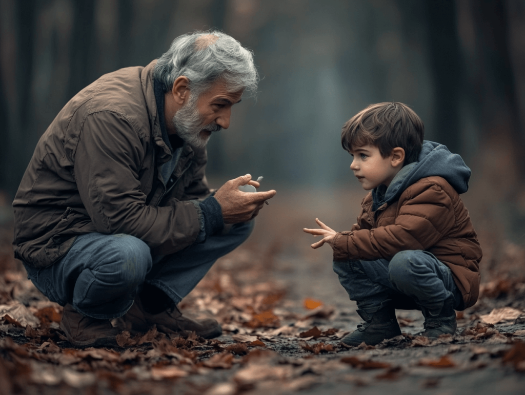 Un padre dialoga con su hijo, a su misma altura