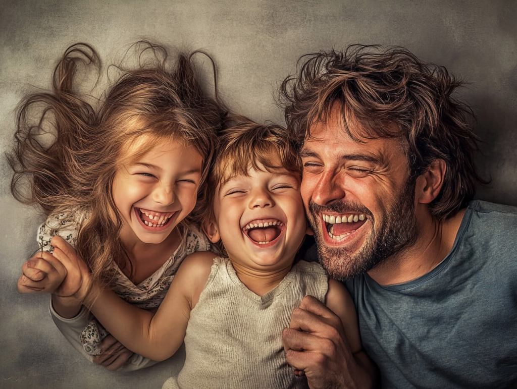 Una familia feliz, riendo a carcajadas