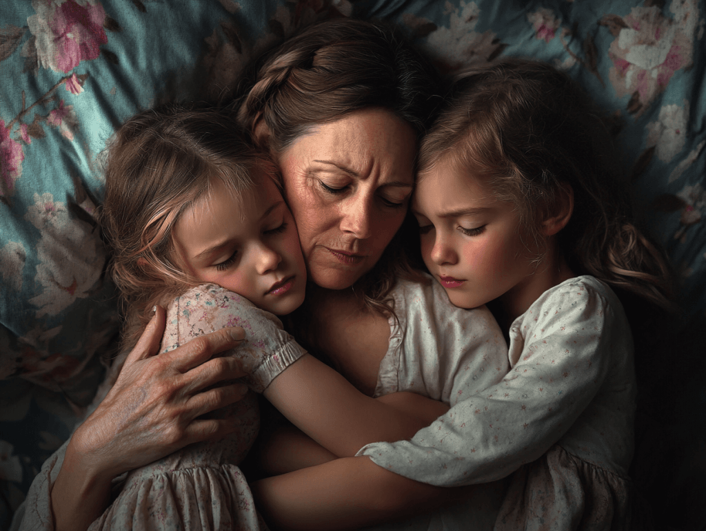 Una madre se abraza con sus hijas