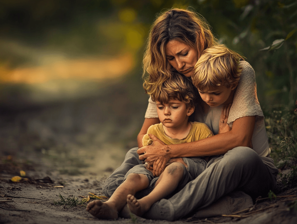 Una madre habla seria con sus dos hijos