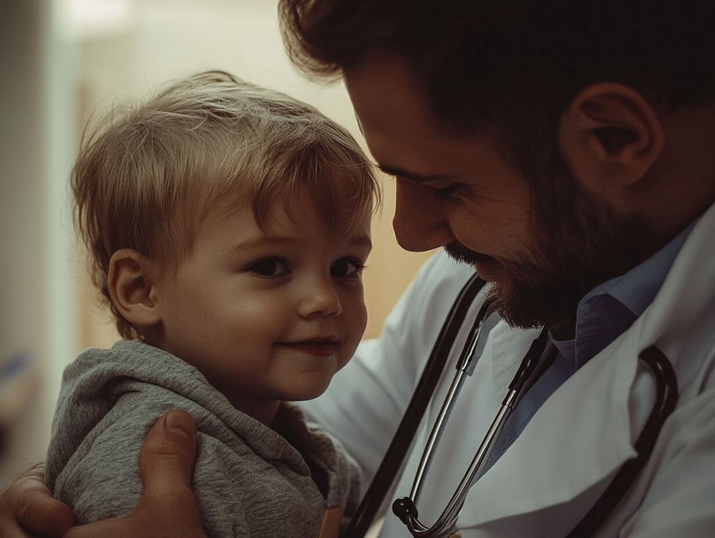 Un pediatra con un niño pequeño en brazos