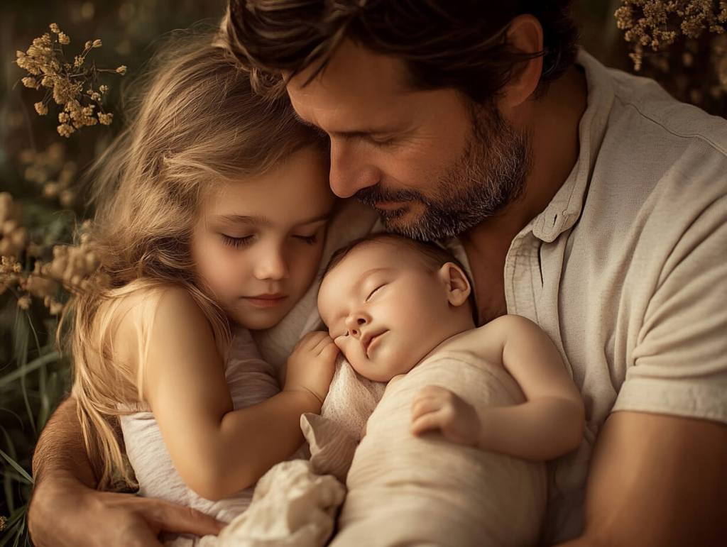 Un padre abraza a sus hijos pequeños