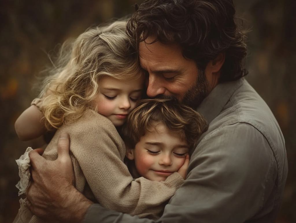 un hombre muestra amor y compasión a sus dos hijos