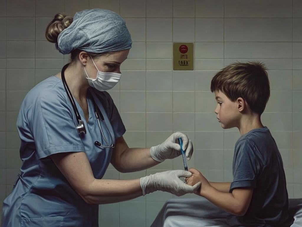 Una enfermera prepara una vacuna para un niño