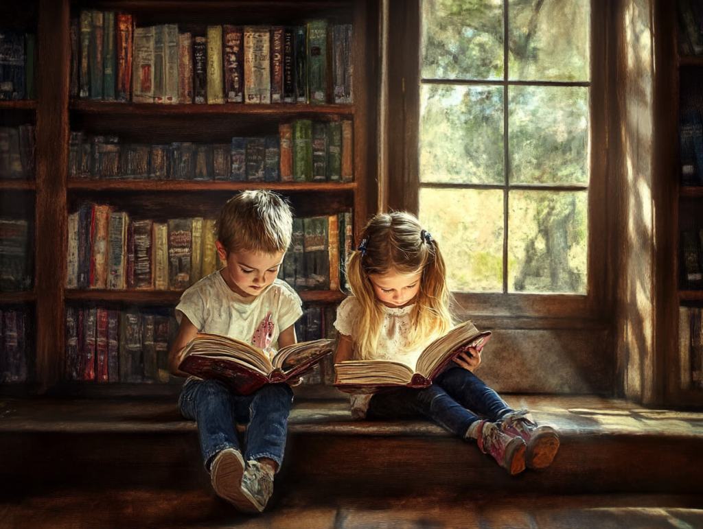 Niños leyendo en una biblioteca al lado de la ventana
