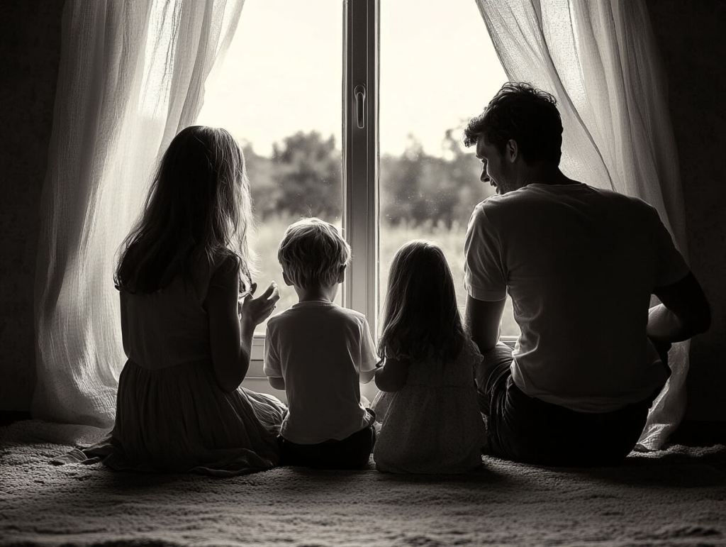 Una familia, conversando de cara a la ventana