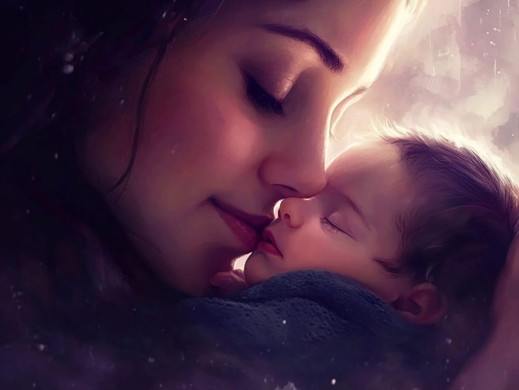 Madre e hijo recién nacido, dándose cariño