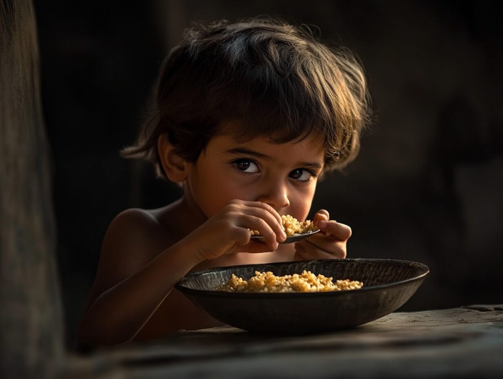 Un niño comiendo solo