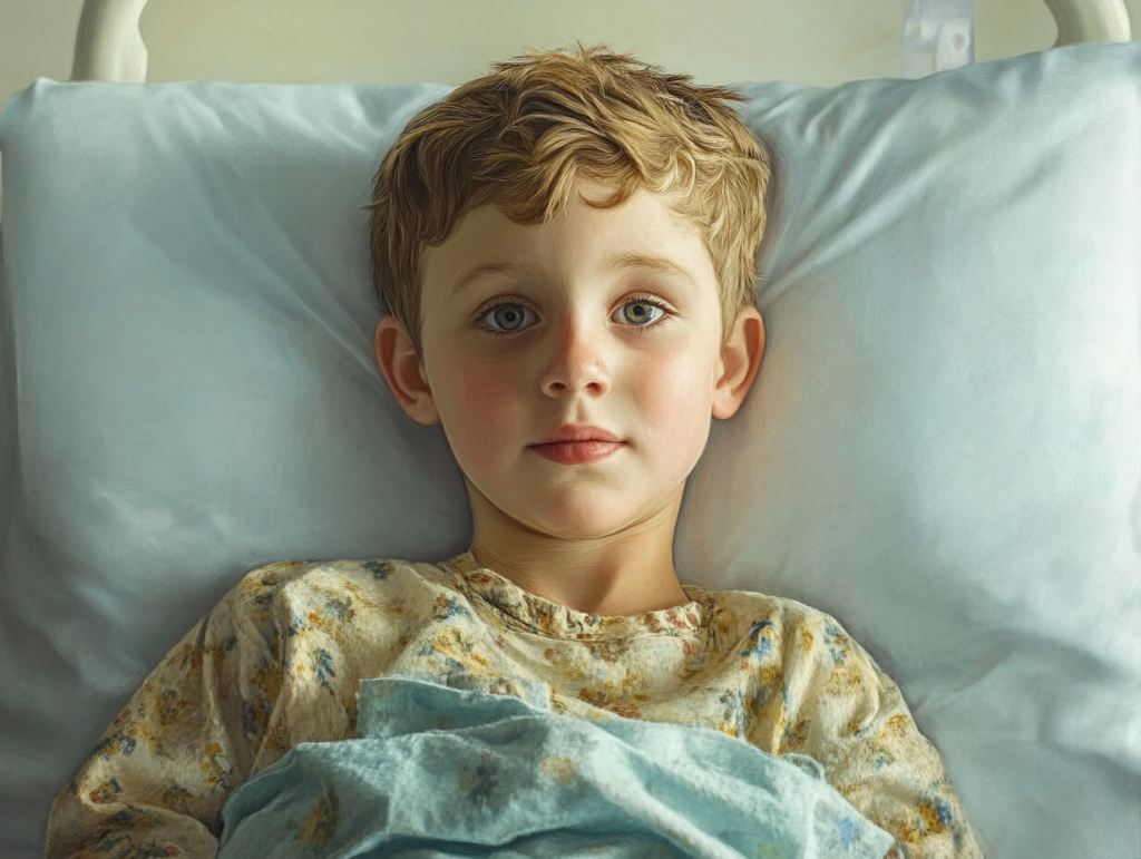 Un niño descansa en la cama del hospital