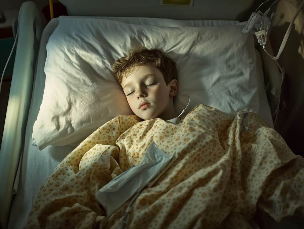 Un niño enfermo duerme se recupera en el hospital