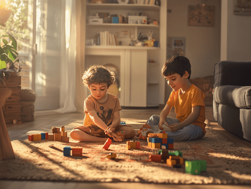 Dos niños juegan en casa