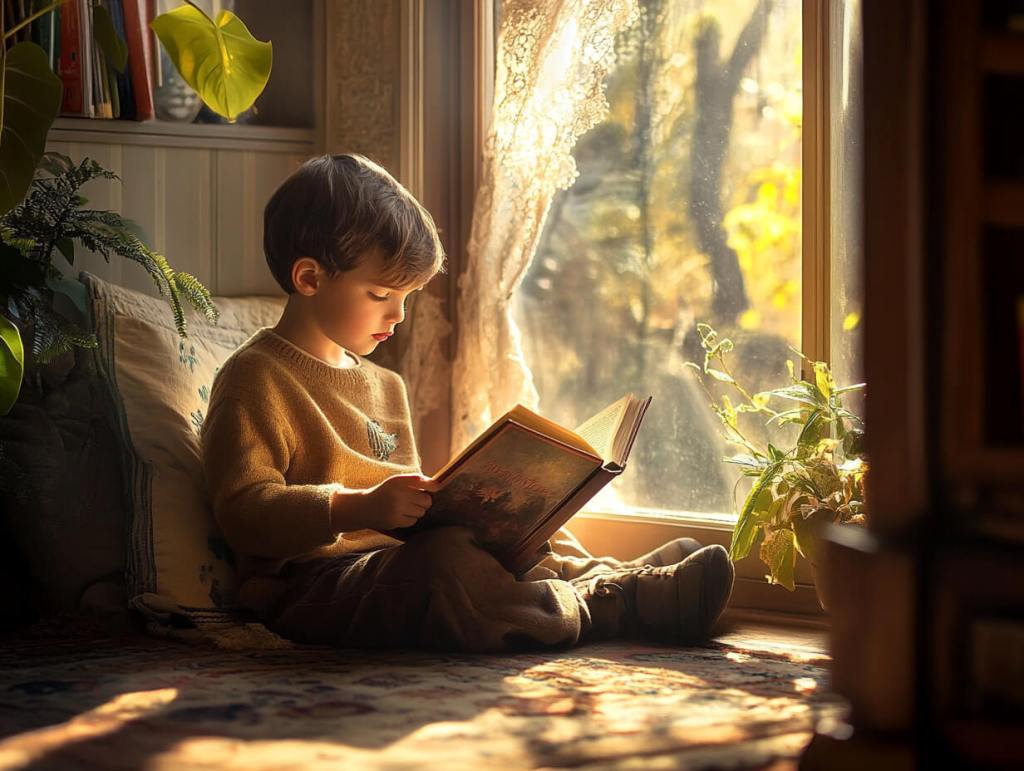 Un niño leyendo en su casa